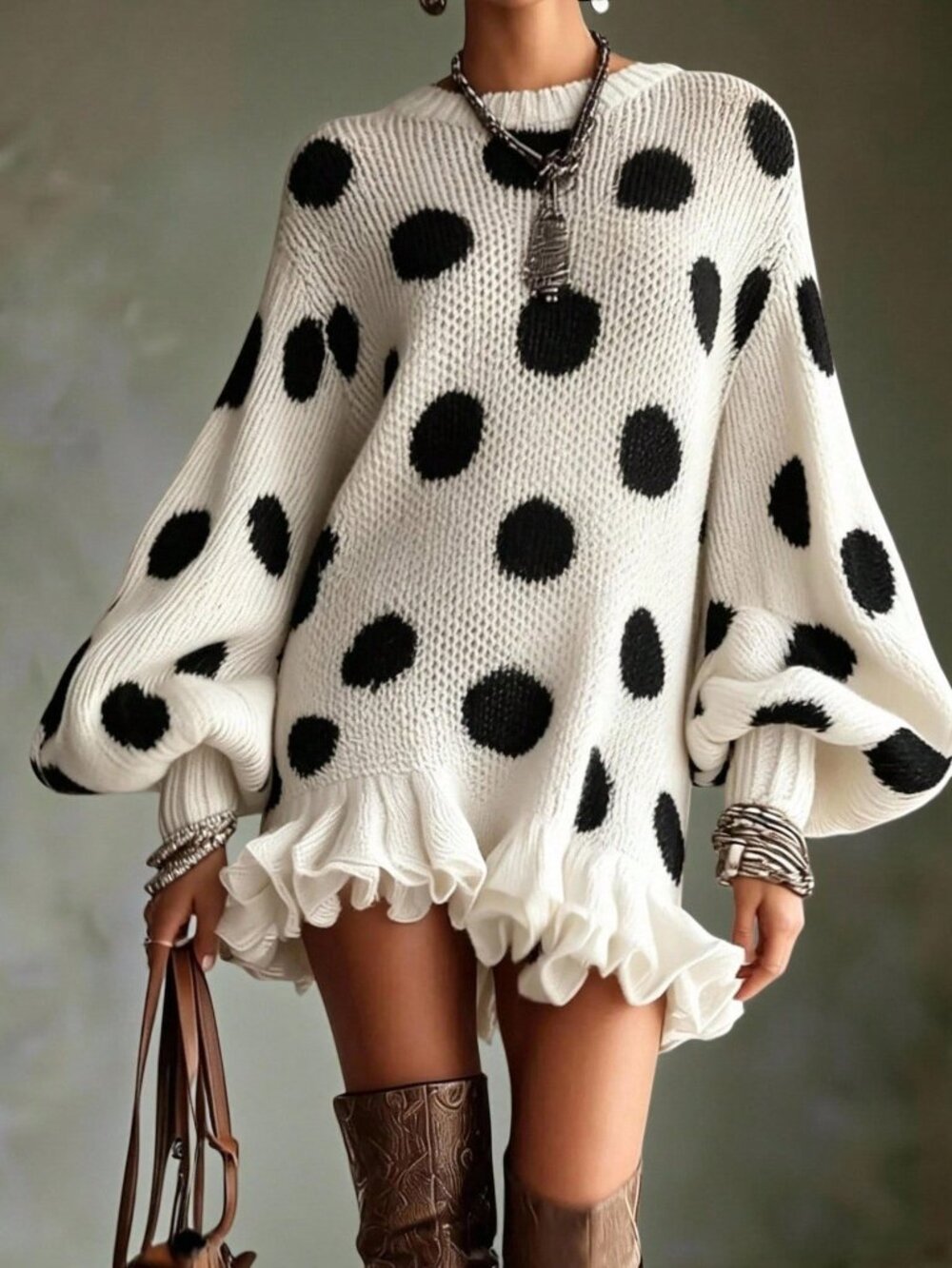 Black And White Casual Women's Polka Dot Lantern Sleeve Ruffle Hem Knit Dress